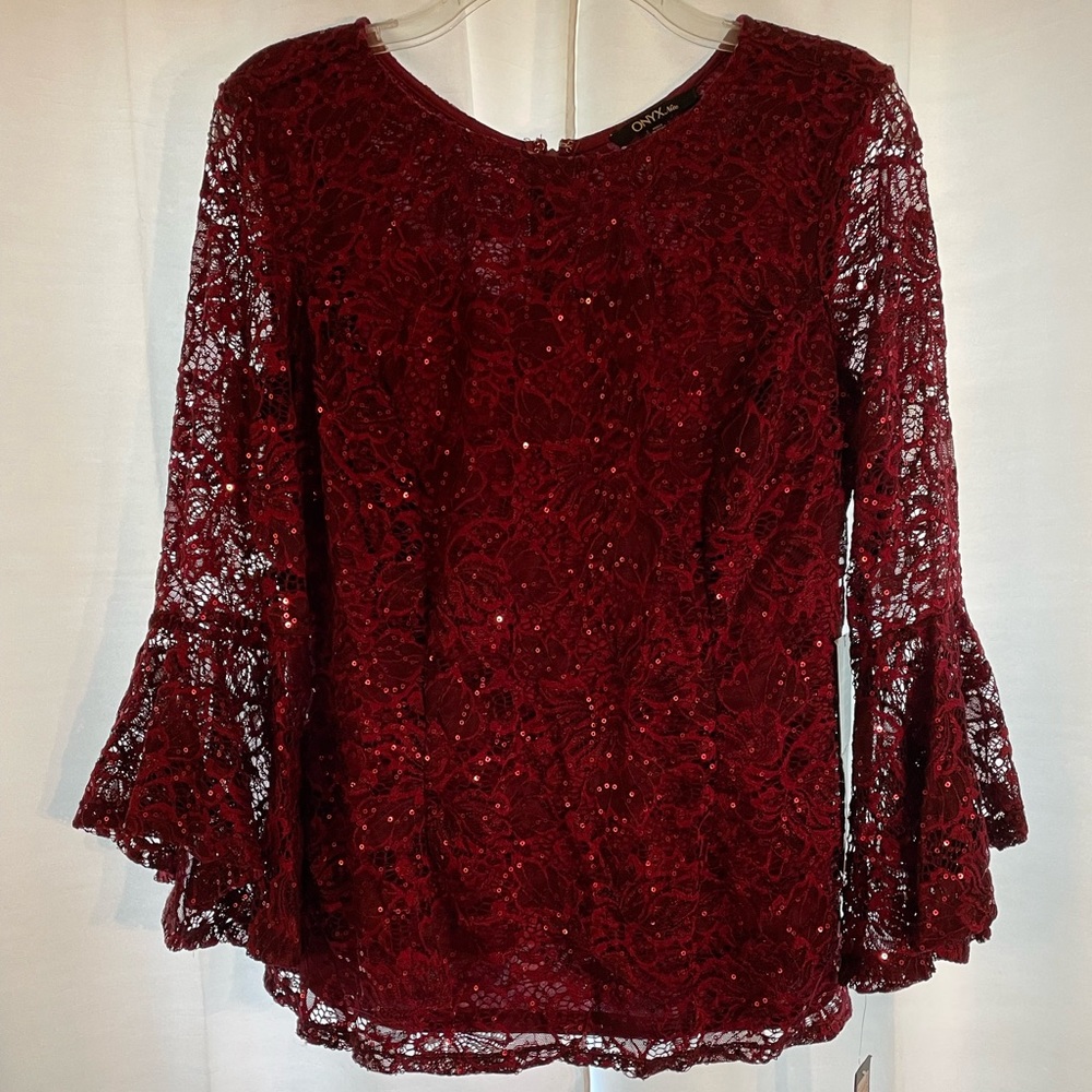 Onyx elegant ruby red lace & sequenced top ruffled sleeves NWT size L  Stunning!